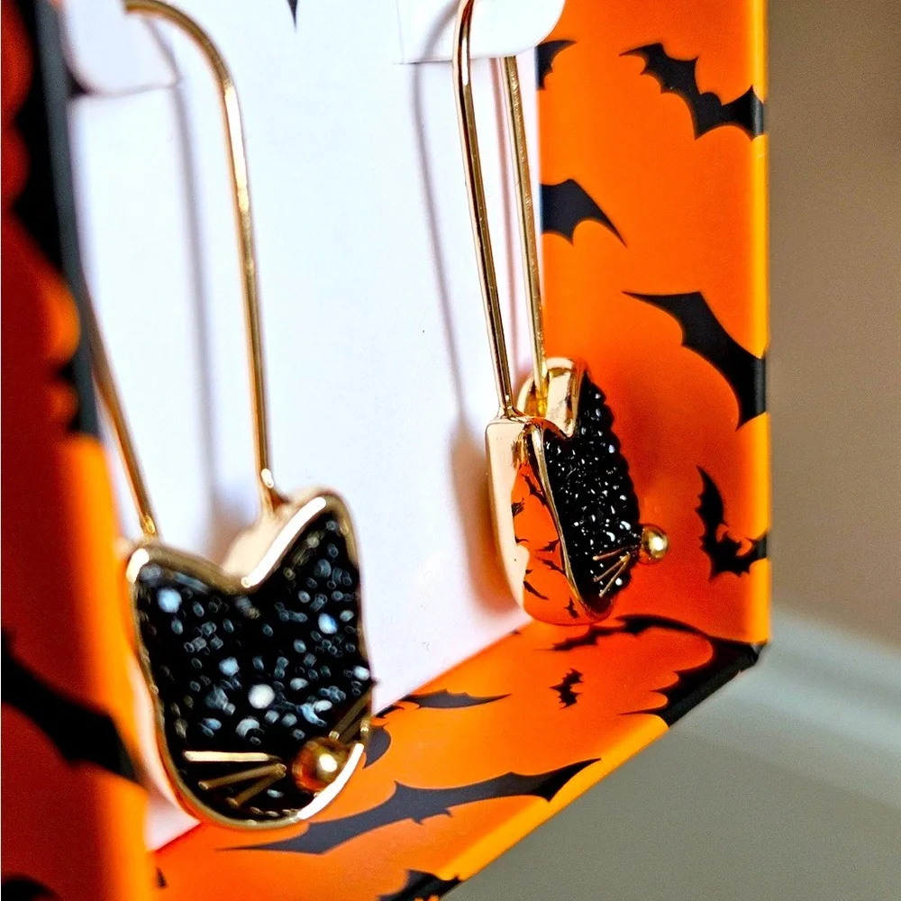 Black Cat Safety Pin Earrings, Gold, Crystal Pave Stones NWT, Halloween - Picture 3 of 9